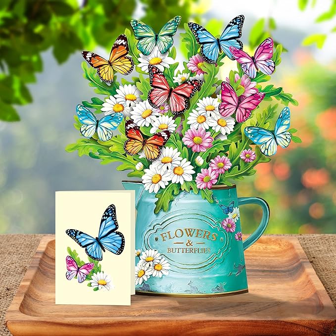 Airpark Pop Up Flower Cards, Paper Flowers Bouquet 12’‘ Daisies and Butterflies 3D Popup Greeting Cards with Blank Note Card and Envelope, Birthday,Easter, Get Well Cards Gifts for Women Mother