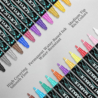 SMOOTHERPRO Acrylic Paint Markers, 24 Colors Dual Tip Acrylic Paint Pens for Wood, Canvas, Stone, Pumpkins, Rock Painting, Glass, Plastic, Ceramic, DIY Crafts Art Supplies