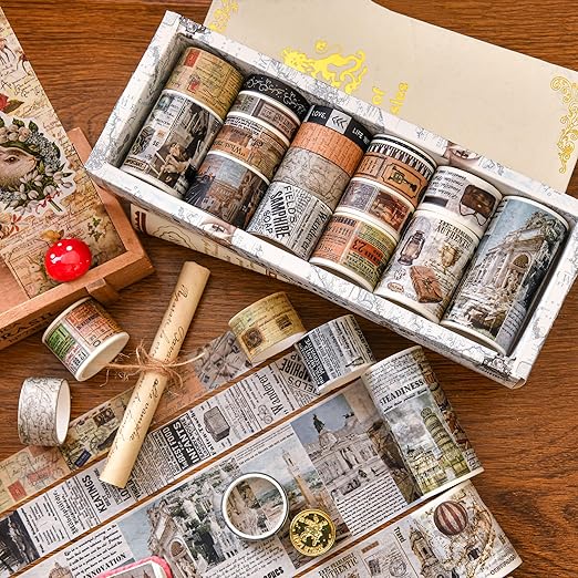 18 Rolls Vintage Washi Tape Pack Retro Arts Adhesive Tapes Wide Monologue Decorative Masking Tape Sets for Craft, Kids, Scrapbook, DIY, Gift Wrapping (Travel The World)
