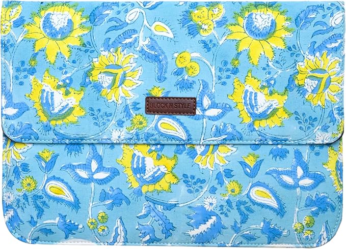 Cotton Hand Block Print Laptop Sleeve Case Bag Compatible with MacBook Air/Pro, 13-13.3 inch Water-Resistant Notebook, Travel Carrying Case Bag Protective Portable Computer Bag, Blue 3