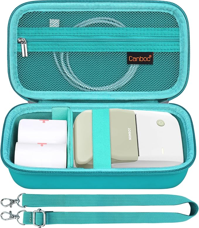 Canboc Carrying Case for NIIMBOT B21 Label Maker, Portable Bluetooth Thermal Label Printer Bag with Removable Shoulder Strap, Mesh Pocket fit Printer Labels, USB Cable, Turquoise (Case Only)