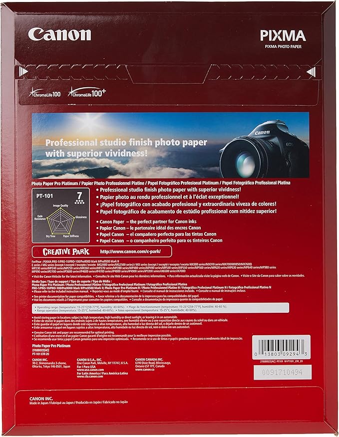 Canon 2768B022 Photo Paper Pro Platinum, 8.5 x 11 Inches, 20 Sheets (Pack of 2)