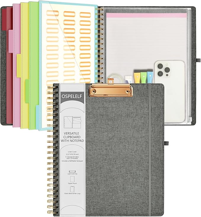 Ospelelf Foldable Spiral Clipboard Folio with Storage Zipper Pouch, 5 Plastic Folders with 10 Pockets,Refillable Lined Notepad (11" x 8.5"), Hardcover Project Organizer with 39 Stickers (Dark Grey)