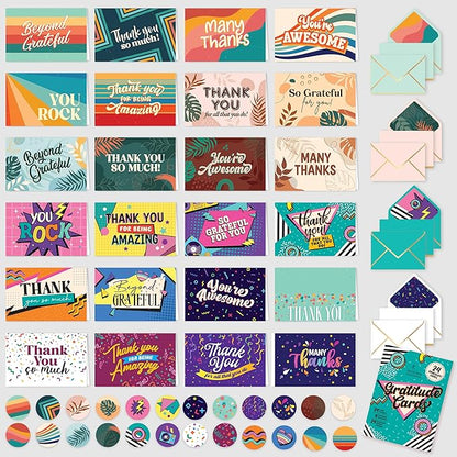 Decorably 24 Pack 6x4in Assorted Thank You Cards with Envelopes & Stickers, 24 Vibrant Designs Thank You Cards Variety Pack, Blank Inside - Birthday, School Events