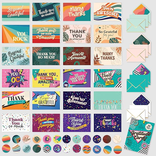 Decorably 24 Pack 6x4in Assorted Thank You Cards with Envelopes & Stickers, 24 Vibrant Designs Thank You Cards Variety Pack, Blank Inside - Birthday, School Events