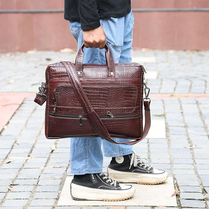Crocodile Embossed leather bag for men, 5 Zipper Pockets with Spacious Compartments.,12 x 16 x 4 inches.