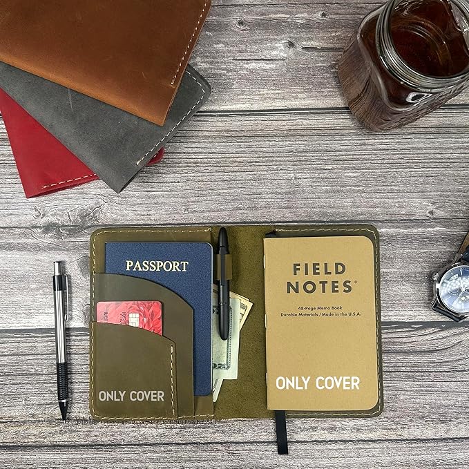 Leather Cover for Field Notes, Passport Cover, Leather Notebook Cover for 3.5" x 5.5" with Pen Holder, Only Cover (Moss Green)