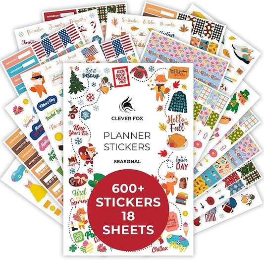 Clever Fox Seasonal Planner Stickers – 600+ Month, Holiday & Seasons Stickers for Your Planner, Monthly Journal & Calendar – 18 Sheets, Set of Stickers & Washi Tape by Clever Fox (Seasonal Pack)
