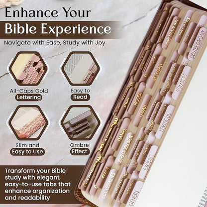Bible Tabs for Women Study Bible, Embossed Matte Catholic Bible Tabs Gold, Laminated Bible Tabs, Bible Book Tabs w/Old & New Testament Neutral Bible Labels Tabs, Perfect Bible Study Supplies Oak