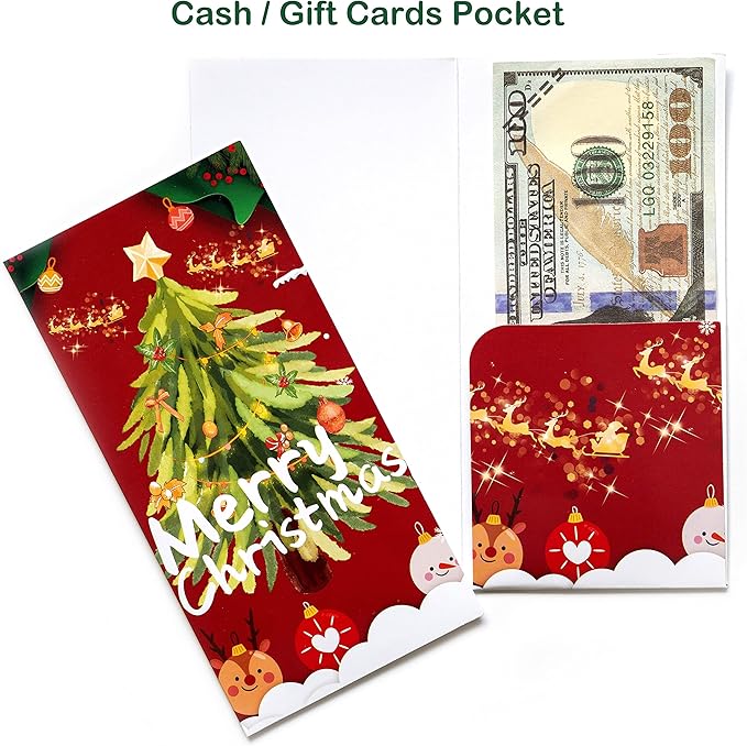 Christmas Cards Christmas Money Cards with Kraft Envelopes - 10 Cards with 10 Kraft Envelopes 10 Festive Holiday Stickers -Red Card-GreenTree