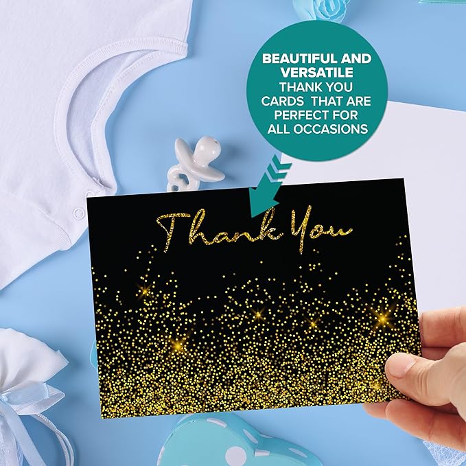 Decorably 24 Pack Glittery 6x4in Black and Gold Thank You Cards with Envelopes and Stickers, 6 Elegant Designs Black Thank You Cards, Blank Inside - Birthday, Wedding, Anniversary