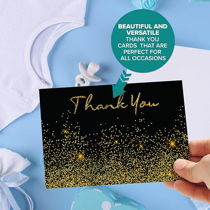 Decorably 24 Pack Glittery 6x4in Black and Gold Thank You Cards with Envelopes and Stickers, 6 Elegant Designs Black Thank You Cards, Blank Inside - Birthday, Wedding, Anniversary
