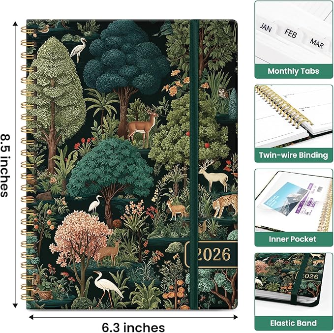 2026 Planner, Aesthetic Weekly and Monthly Planner for Women, Jan 2026 to Dec 2026, Hardcover 2026 Calendar Book with Monthly Tabs, Inner Pocket, Perfect for Office Home School - A5 (6.3" x 8.5"), Enchanted Grove