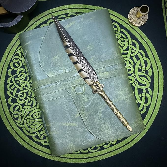 Vintage Green Leather Journal - 200 pages Deckle Edge Rustic Paper - Unlined Pages Book of Shadows, Grimoire, Junk Notebook, Fantasy Medieval Gifts, Sketchbook, Antique Scrapbook (Earthy Green, 7"x5")