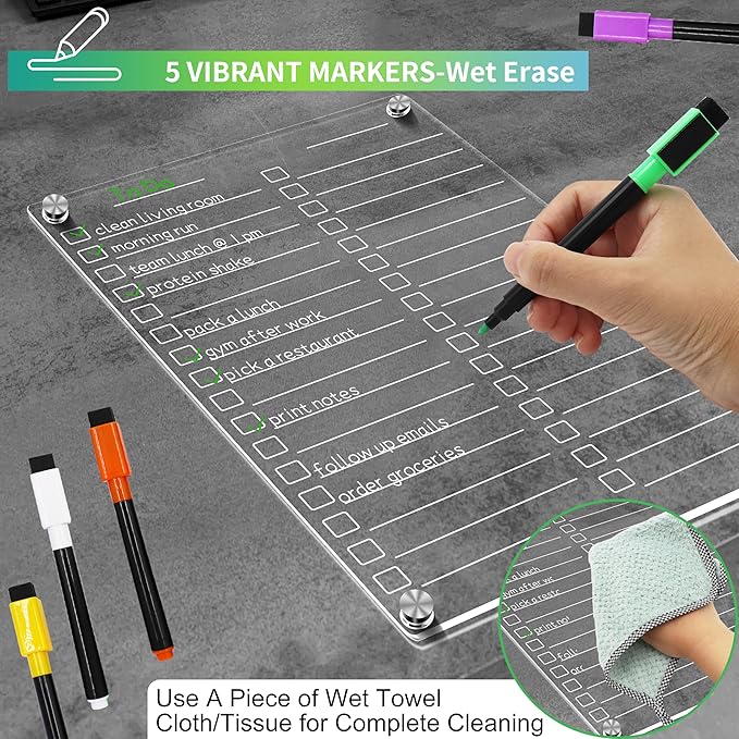 Acrylic Magnetic Dry Erase Board for Fridge, 12"X8" Clear Magnetic to Do List White Board, Acrylic Dry Erase to Do List for Refrigerator, Magnet Whiteboard with 5 Markers