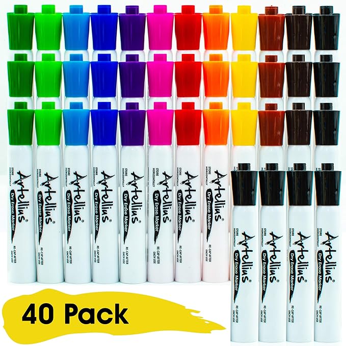 Artellius 40 Pack of Dry Erase Markers (12 ASSORTED COLORS W/ 7 EXTRA BLACK) - Thick Barrel Design - Perfect Pens For Writing on Whiteboards, Dry-Erase Boards, Mirrors, & All White Board Surfaces