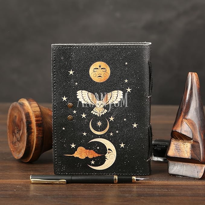 Handmade Leather Journal, Black, Sun & Moon Design, 8 x 6 Inch, 200 Unruled Pages, Hand Embossed, White Paper, Brass Clasp Lock, Vintage Notebook Diary, Sketchbook for Artists & Writers