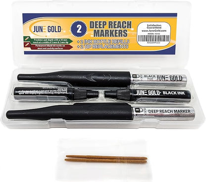 June Gold 2 Black Deep Reach Markers, 2 Ink Refill Bottles, 2 Tip Replacements, 30 mm Reach & 2 mm Felt Tip