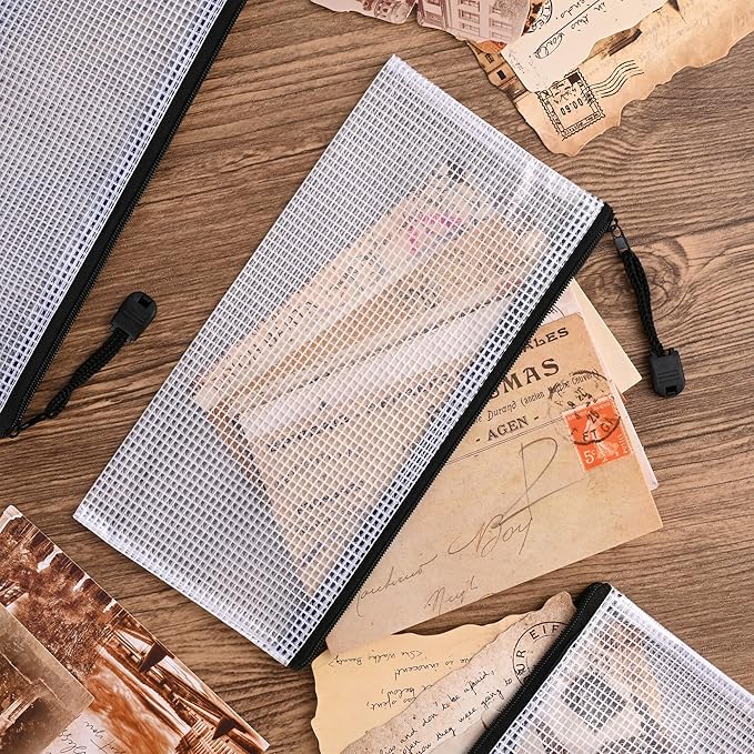 12 Pieces Plastic Mesh Zipper Pouch Bag/Zipper Envelope Document Storage Pouch Bag/Zip File Folder/Office Supplies Bills File Waterproof Zipper Pouche/Storage Pouch for Puzzle and Office