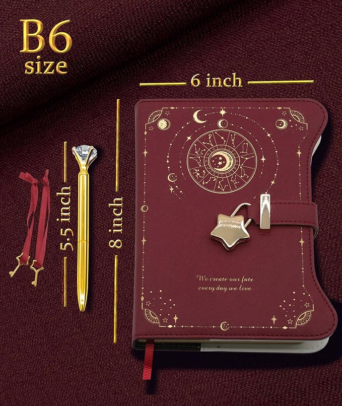 Diary with Lock and Keys for Girls Gift Ideas, 360 Kraft Pages Journal for Women, B6 Refillable Notebook for Writing with Pen and Bookmark (Astro Red)