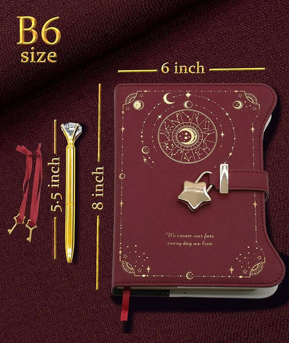 Diary with Lock and Keys for Girls Gift Ideas, 360 Kraft Pages Journal for Women, B6 Refillable Notebook for Writing with Pen and Bookmark (Astro Red)