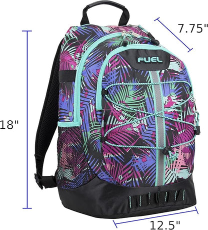 FUEL Hiking Backpack for Women Men Terra Sport, Travel, College, Gym, Work with Laptop Sleeve, Bungee, 18 Inches, Purple Palm Leaves