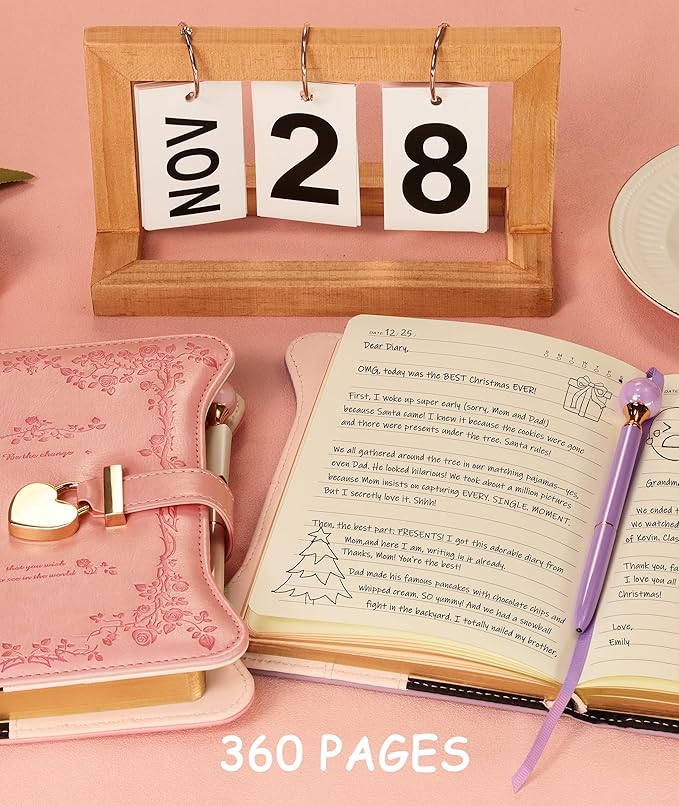 Diary with Lock and Keys for Girls Gift Ideas, 360 Gold Edged Pages Journal for Women, B6 Refillable Notebook for Writing with Pen and Bookmark (Garden Aqua)