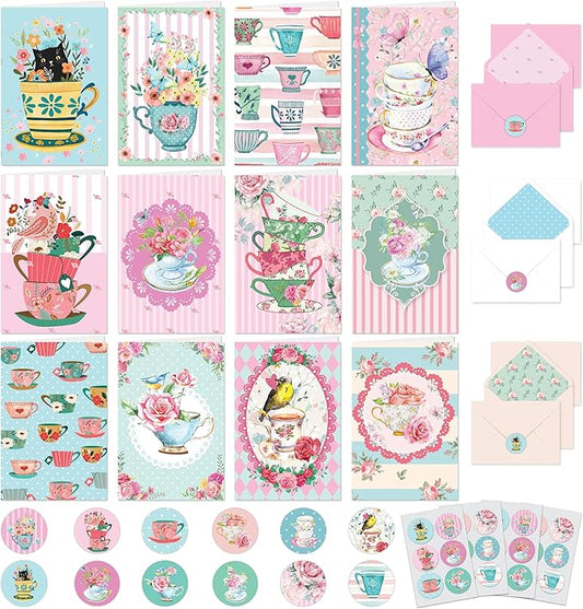Decorably 24 Pack 4x6in Tea Cup Note Cards with Envelopes and Stickers, 12 Adorable Designs Teacup Note Cards, Blank Inside - Kid's Party, Birthday