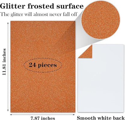 24 Sheets Orange Glitter Cardstock Paper, A4 Premium Sparkly Paper for Scrapbook, DIY Projects, Party Decoration, Gift Box Wrapping 250GSM/92lb