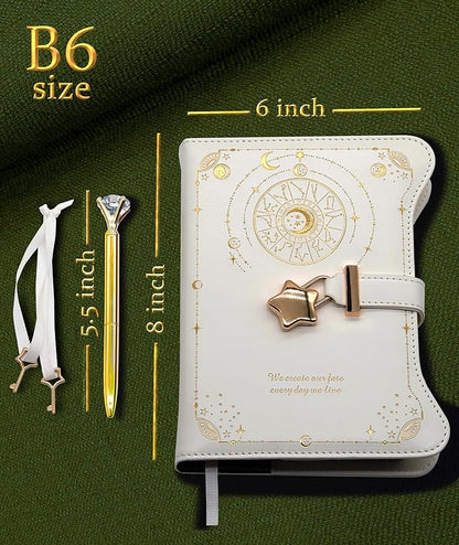 Diary with Lock and Keys for Girls Gift Ideas, 360 Gold Edged Pages Journal for Women, B6 Refillable Notebook for Writing with Pen and Bookmark (Astro White)