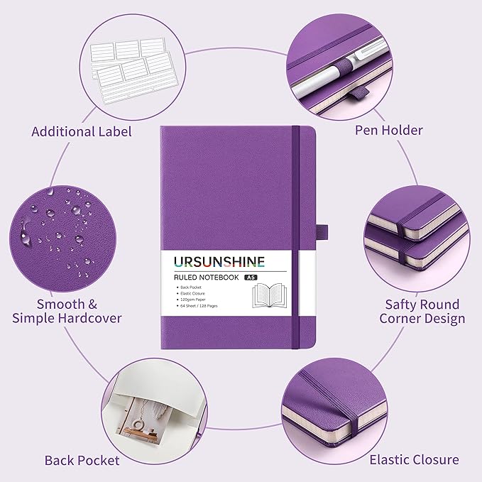 Graph Grid Paper Notebook/Journal - Classic Journal/Notebook with Ribbon Divider, Hardcover with Thick Paper, 5.3" x 8.26", Banded + Pen Holder +Inner Pocket - Purple