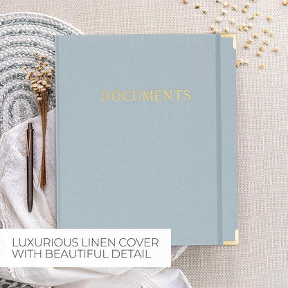 Aesthetic Document Organizer - Sturdy Linen 3-Ring Binder Safely Stores All Your Important Documents and Files in One Place - Easy to Use Expanding Storage Folder Incl. Envelopes, Pockets & Labels