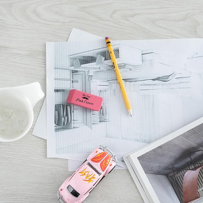 Mr. Pen Pink Pencil Erasers, Large, Pack of 12