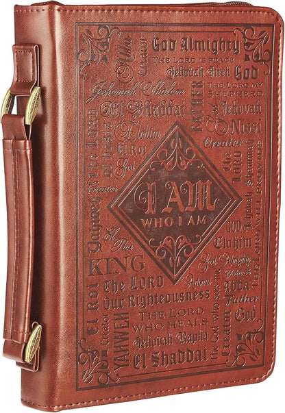 Christian Art Gifts Men's Classic Bible Cover Names of God Exodus 34:6, Brown Faux Leather, Large