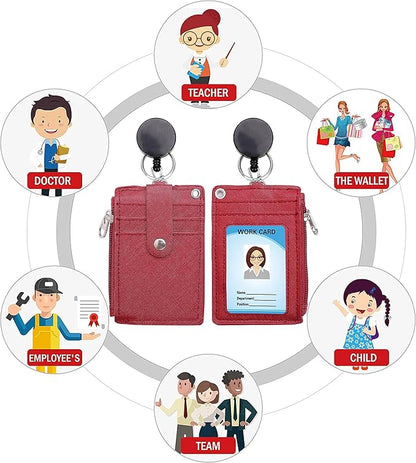 Cute ID Badge Holder Retractable Lanyard Reel Clip with Heavy Duty Carabiner, 5 Card Slots in 2 Sided with Key Ring and Zipper for Women Students Teens Girls Office Staff (Red)