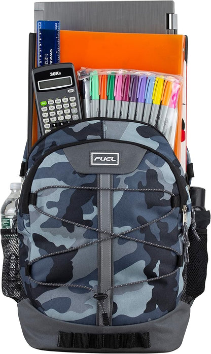 FUEL Hiking Backpack for Women Men Terra Sport, Travel, College, Gym, Work with Laptop Sleeve, Bungee, 18 Inches, Midnight Camo