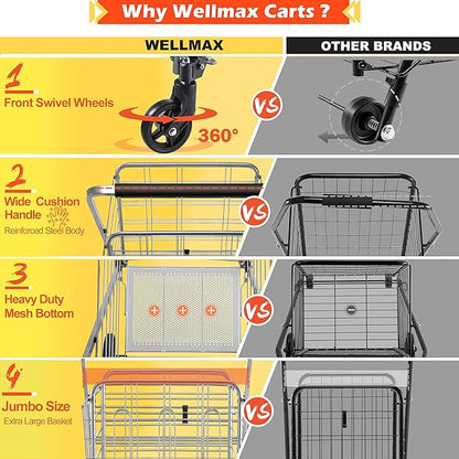 Wellmax Shopping Cart, Metal Grocery Carts For Groceries, Folding Cart For Convenient Storage And Holds Up To 160lbs, Dual Swivel Wheels and Extra Basket, Silver
