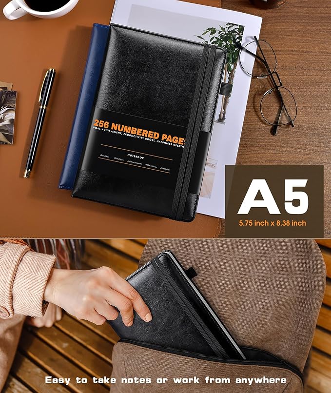 Lined Journal Notebook for Women Men, 256 Numbered Pages Hardcover Leather Journals for Writing, A5 Journaling Notebooks, College Ruled Journal for Business Work School Note Taking 5.75" x 8.38" Black