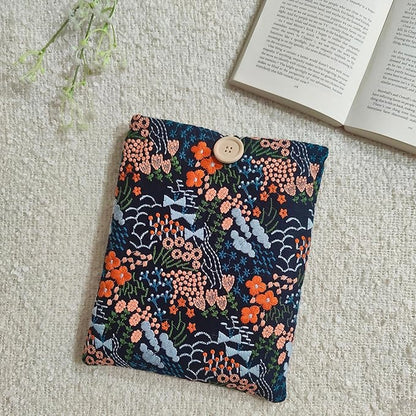 Floral Embroidered Canvas Book Sleeve - Elegant Book Cover, Padded Protector for Paperbacks & Hardcovers, Ideal for Book Lovers, Wooden Button (Meadow, Blue, Large)