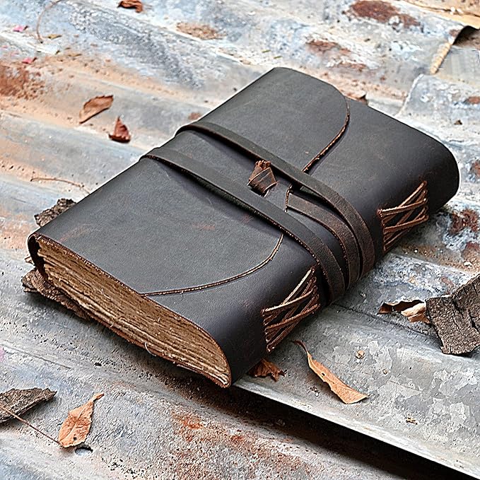 Vintage Leather Journal - 200 Pages Deckle Edge Rustic Paper - Unlined Pages Book of Shadows, Grimoire, Junk Notebook, Fantasy Medieval Gifts, Sketchbook, Antique Scrapbook (Dark Brown, 7"x5")