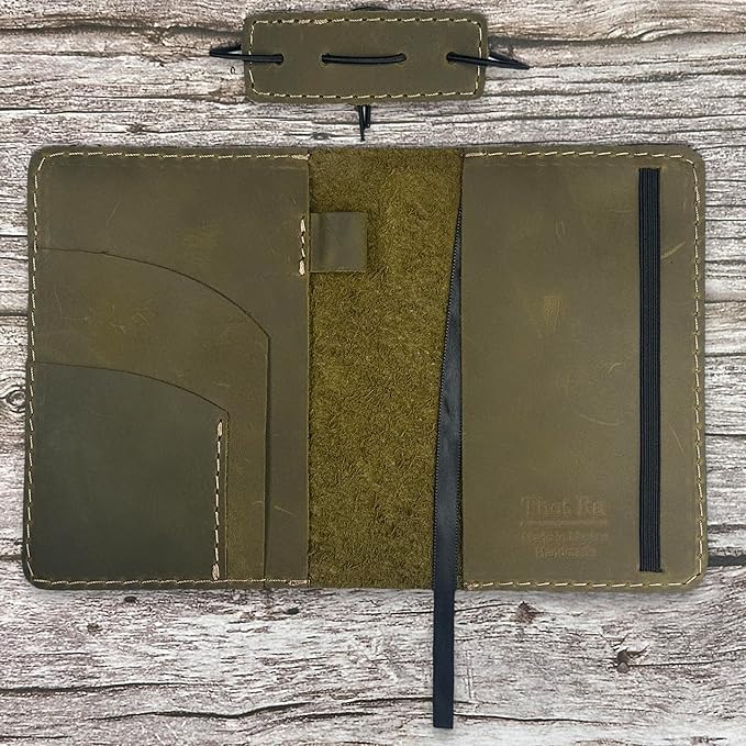 Leather Cover for Field Notes, Passport Cover, Leather Notebook Cover for 3.5" x 5.5" with Pen Holder, Only Cover (Moss Green)