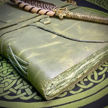 Vintage Green Leather Journal - 200 pages Deckle Edge Rustic Paper - Unlined Pages Book of Shadows, Grimoire, Junk Notebook, Fantasy Medieval Gifts, Sketchbook, Antique Scrapbook (Earthy Green, 7"x5")
