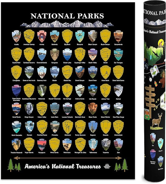 Bright Standards National Parks Scratch Off Map of United States Poster, ALL 63 National Parks Map, US Travel Maps, USA Gifts for Travelers Road Trip Adventure, Fits 12”x16” frame (Black/Gold)