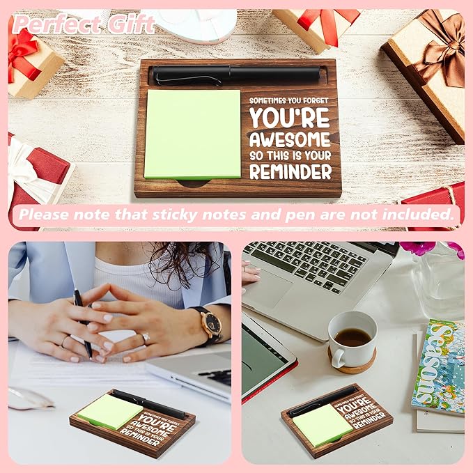 CINRLLA Sticky Note Holder Wooden Notepad & Pen Holder 6.5"" x 4.7"" Sticky Note Pad Holder Dispenser for Desk Work Motivational Gifts, NPA185, Brown