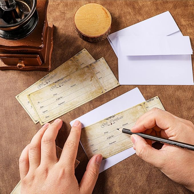 Sinmoe 50 Sets Gift Certificate for Business with 50 Pcs Envelopes Blank Gift Certificate Cards with Name and Address Rustic for Beauty Salon Restaurants Birthday(4.72 x 2.36 Inch, Retro Style)