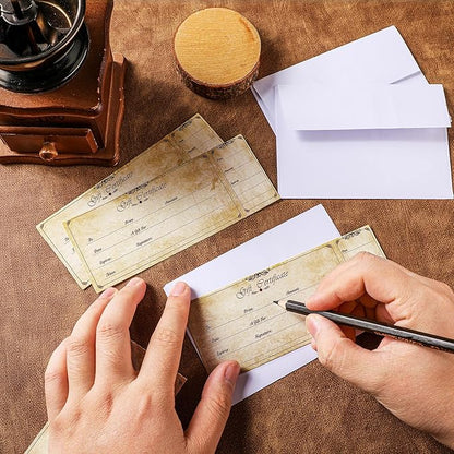 Sinmoe 50 Sets Gift Certificate for Business with 50 Pcs Envelopes Blank Gift Certificate Cards with Name and Address Rustic for Beauty Salon Restaurants Birthday(4.72 x 2.36 Inch, Retro Style)