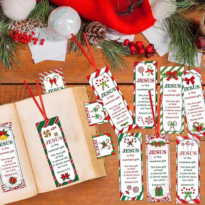 Haooryx Christmas Winter DIY Bookmarks - 240pcs Xmas DIY Bookmark Christmas Candy Cane Pattern Bookmarks Red Ribbons Christian Religious Christmas Bookmark Party Favor School Classroom Students Reward