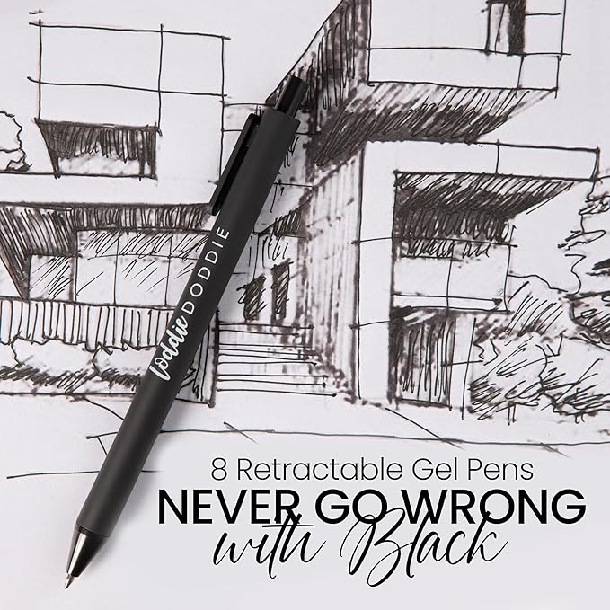 Loddie Doddie Gel Pens for Journaling & Note Taking - Black 8-Pack, 0.7 mm Medium Point, Smooth Writing, No Smudge, No Bleed Retractable Pens