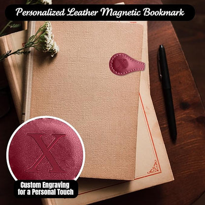 Personalized Leather Magnetic Bookmarks (1 Pack) Vintage Custom Engraved Initial ID Identification Book Marker Clip Gift for Book Lover Avid Readers (Letter X, Red)