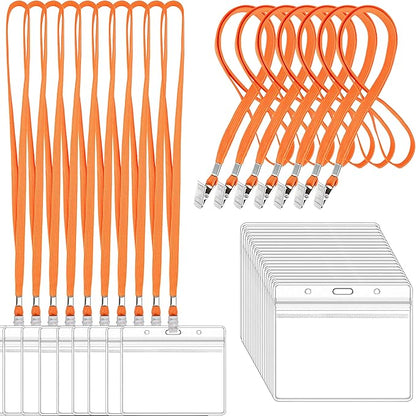 100Pcs Clear Plastic Horizontal Name Tags Badge ID Card Holders and 100Pcs Lanyards with Clip (Orange)
